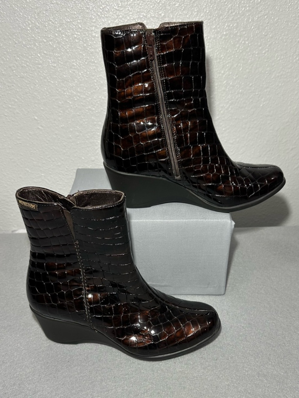 Mephisto Women's Leather Faux Crocodile Brown Wedge booties